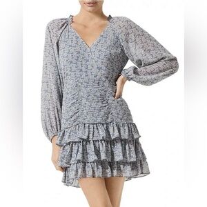 ASTR Blue CHIFFON Long Sleeve TIERED Ruffle FLORAL Mini DRESS - NEW